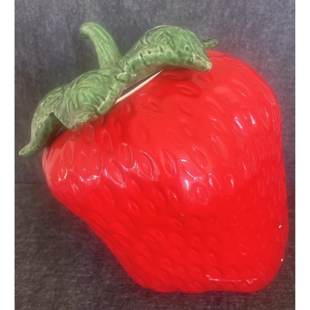 Vintage Ceramic Pottery Tilting Strawberry Cookie Jar with Lid Made in Portugal